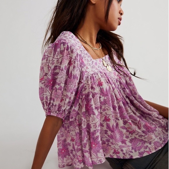 Spell & The Gypsy Collective Tops - Spell Mossy Short Sleeve Blouse Purple Floral Boho Babydoll Top XS Cottagecore